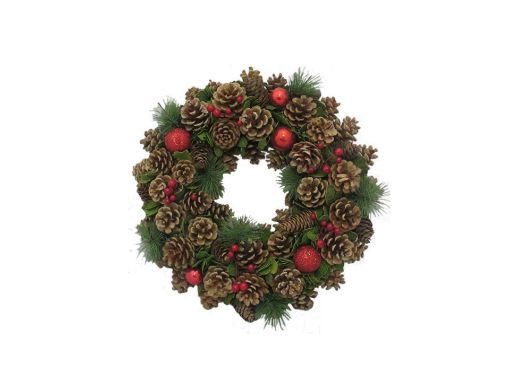 Picture of Natural Cone & Red Ball Wreath 38cm